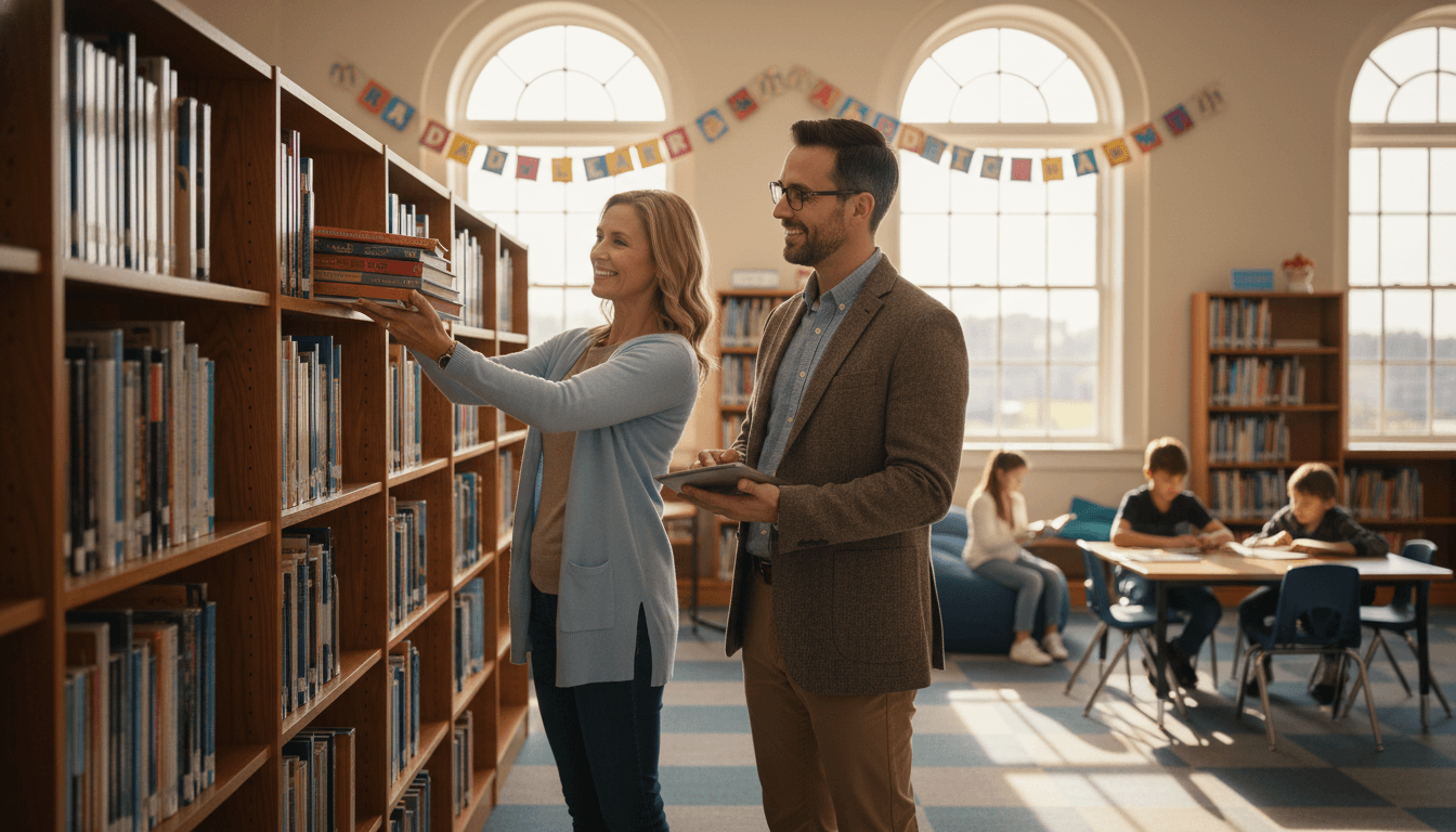 A parent volunteer shelving books with a librarian in the school library
