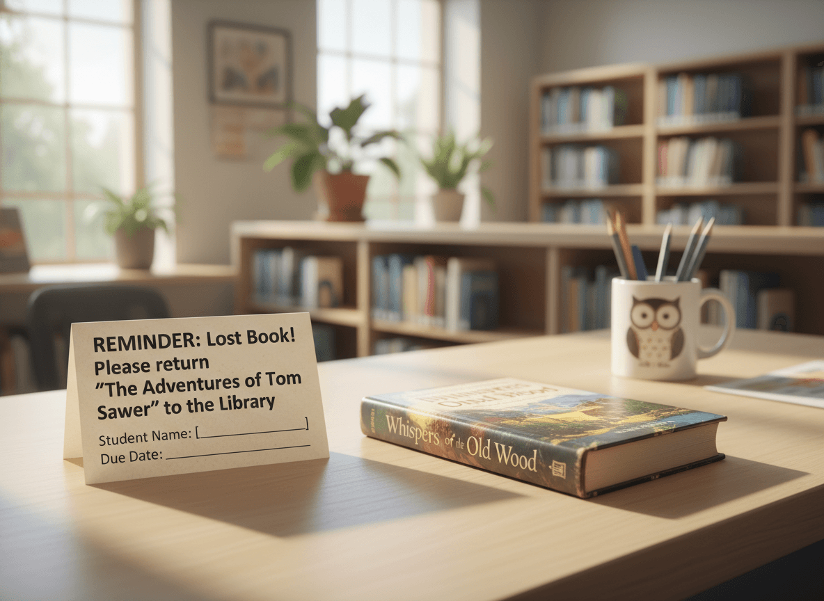 A printed lost book reminder slip and a paperback novel on a circulation desk