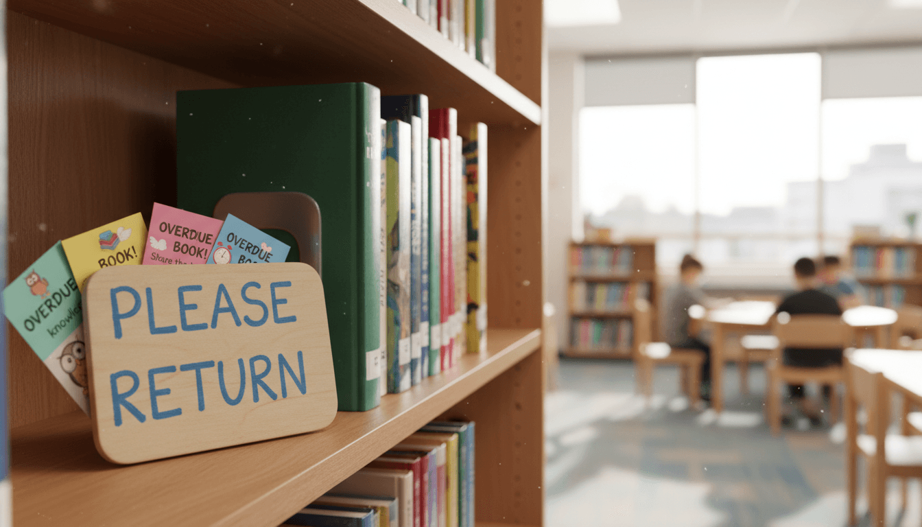 A school library shelf with a small 'please return' sign next to overdue book reminder cards