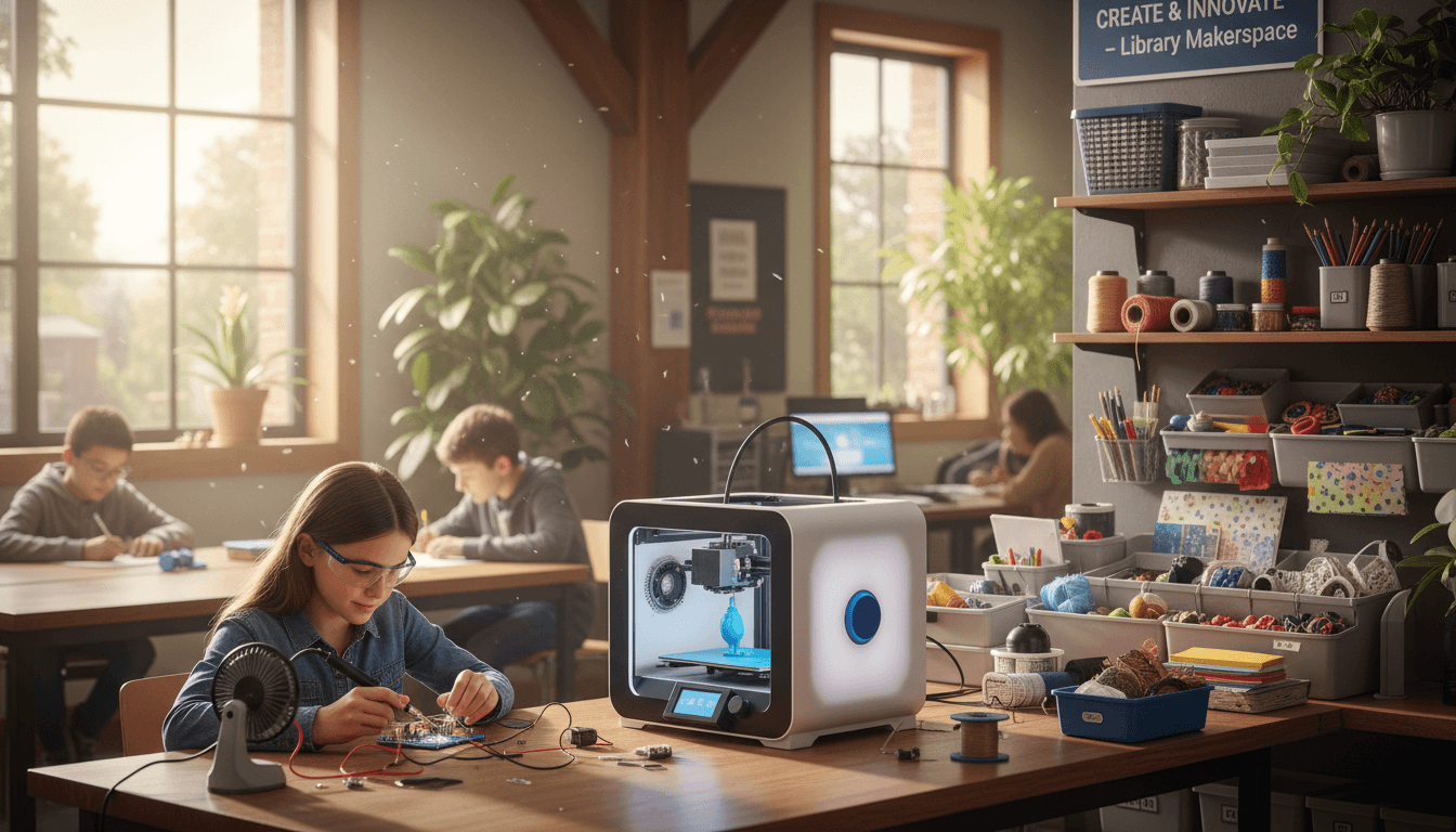 A library makerspace corner with a 3D printer, craft supplies, and a student soldering a small kit at the bench