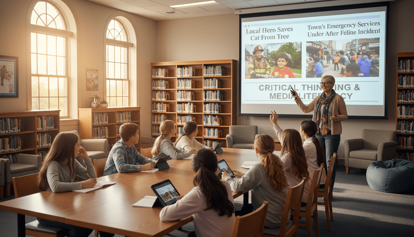A library lesson with side-by-side news headlines projected for class discussion on media literacy