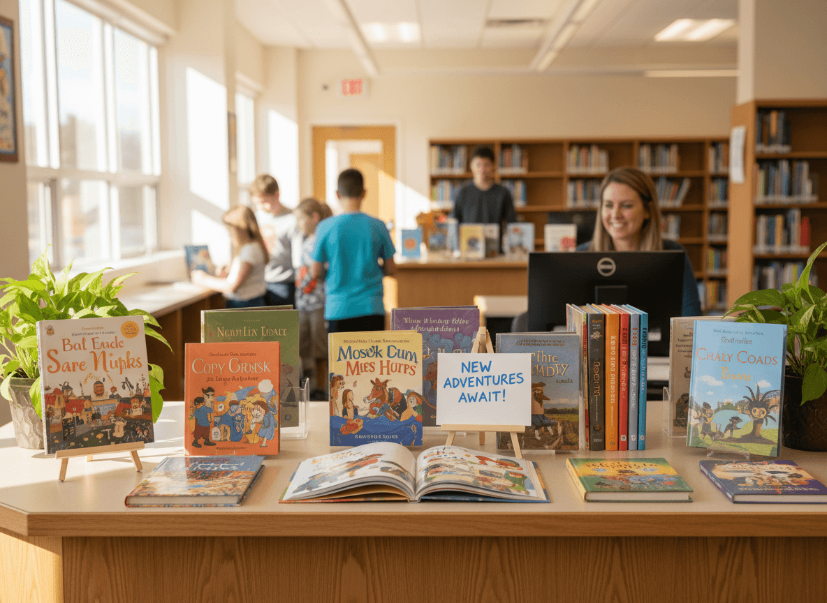 A display of newly arrived picture books and middle grade titles on a library counter