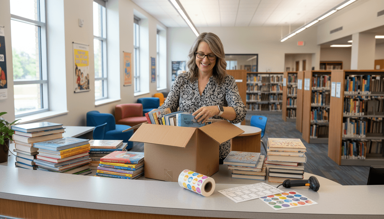 A school librarian unboxing fresh new arrivals at the circulation desk with stickers and barcodes ready