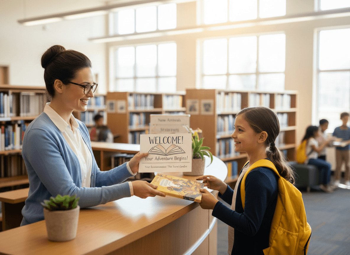 Librarian handing a new student a welcome card with the first library book recommendation