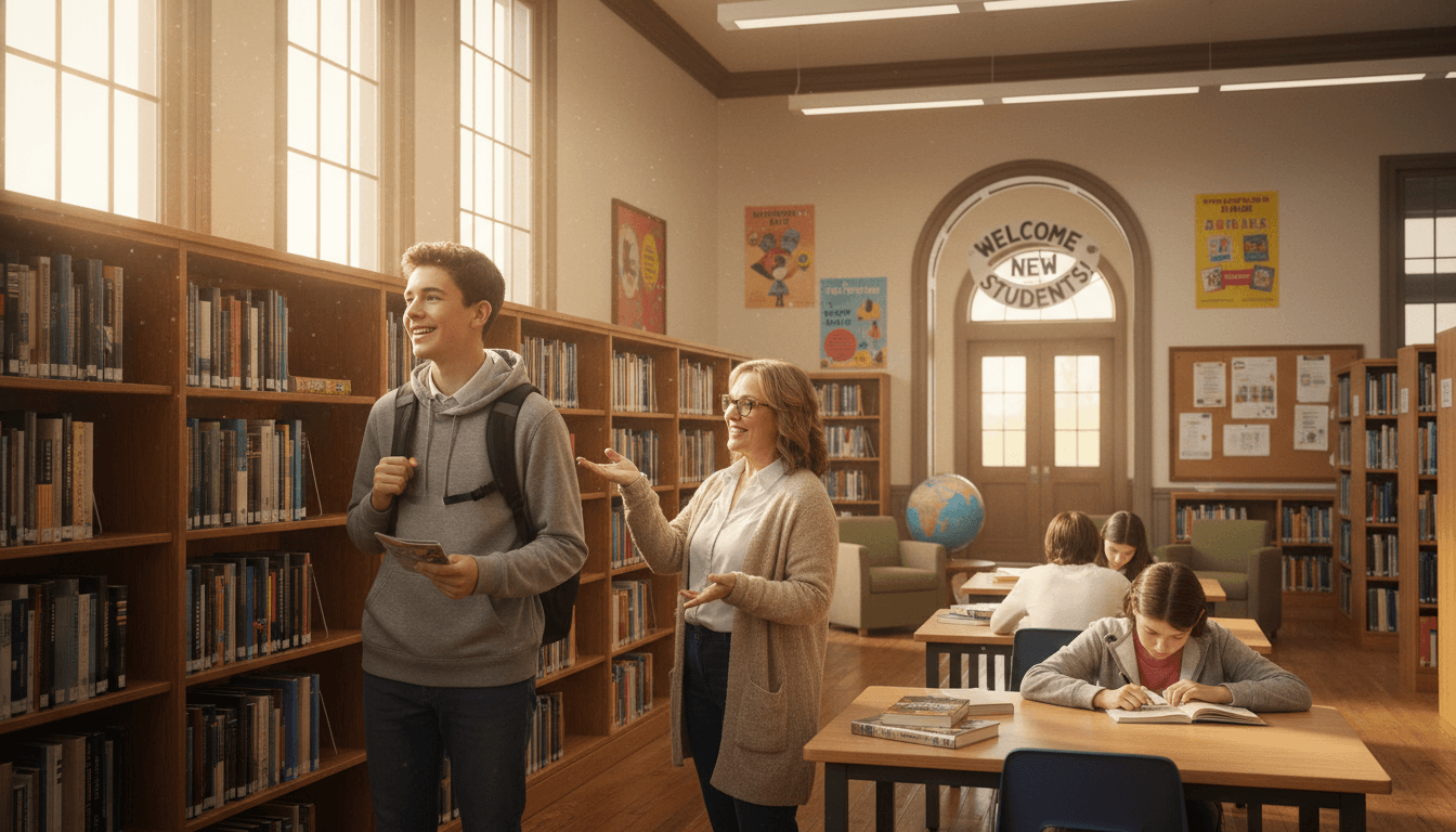 New student getting a small library tour from the librarian on day one