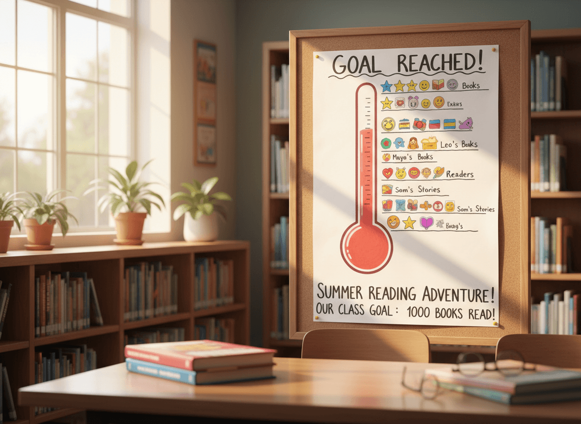 A hand-drawn reading challenge thermometer poster with student sticker rows climbing toward a goal line