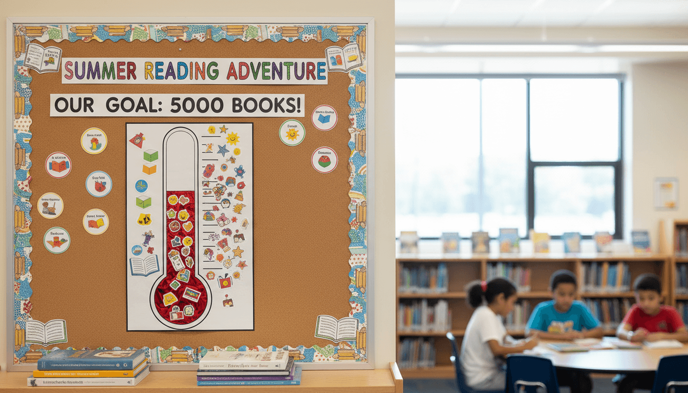 A library bulletin board showing a reading challenge thermometer with stickers
