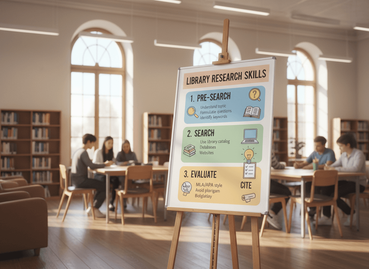 A library research skills poster showing four stages: pre-search, search, evaluate, and cite