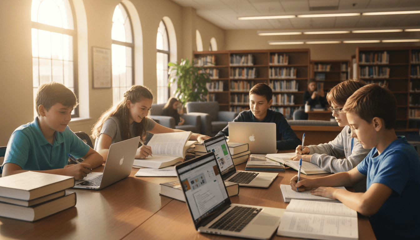 Middle school students taking notes from research books at a library table with laptops open