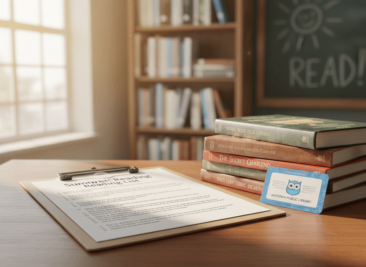 A printed summer reading list on a clipboard next to a stack of paperbacks and a public library card