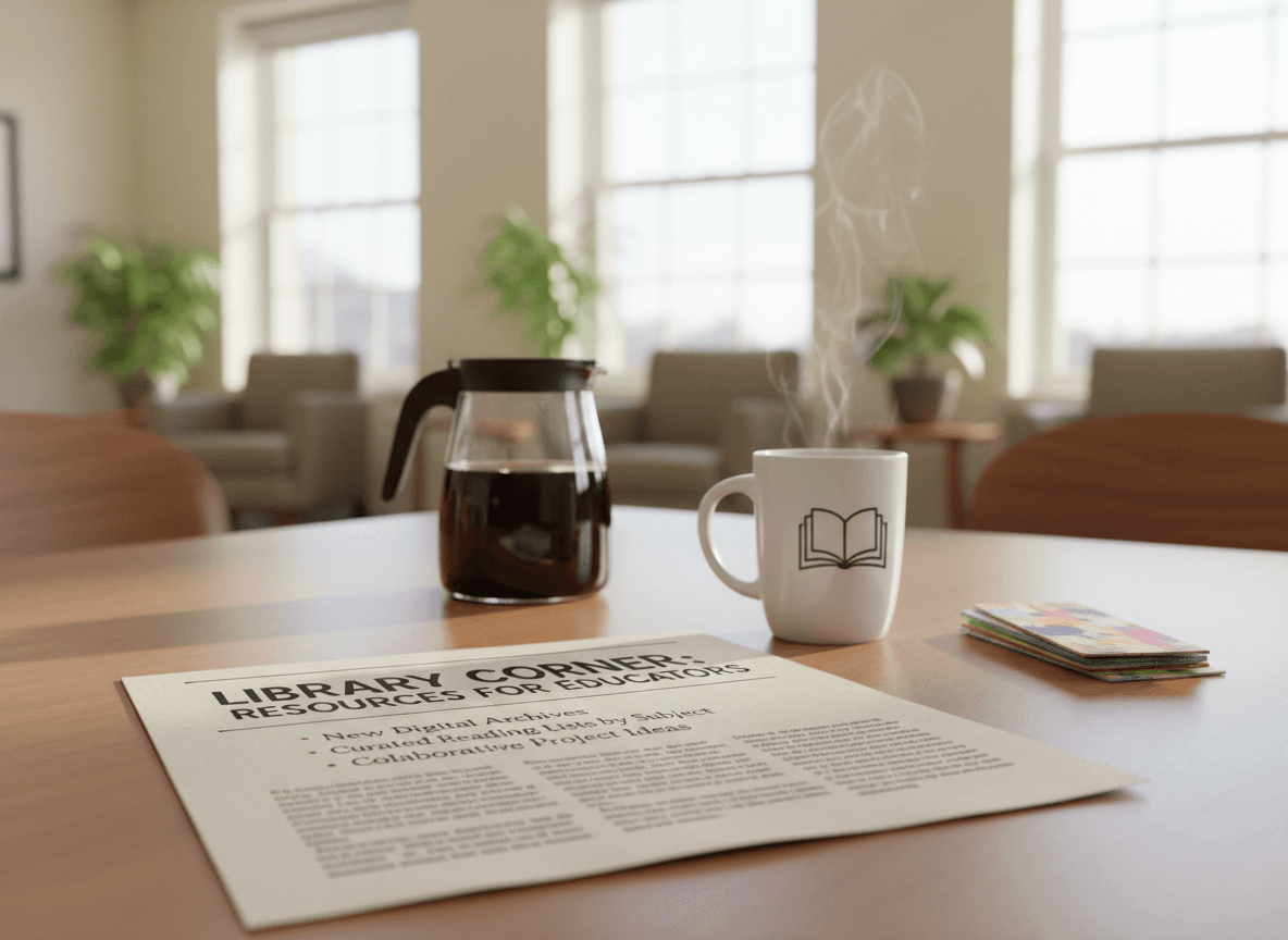A printed librarian-to-teachers newsletter sitting on a faculty room table with a coffee cup