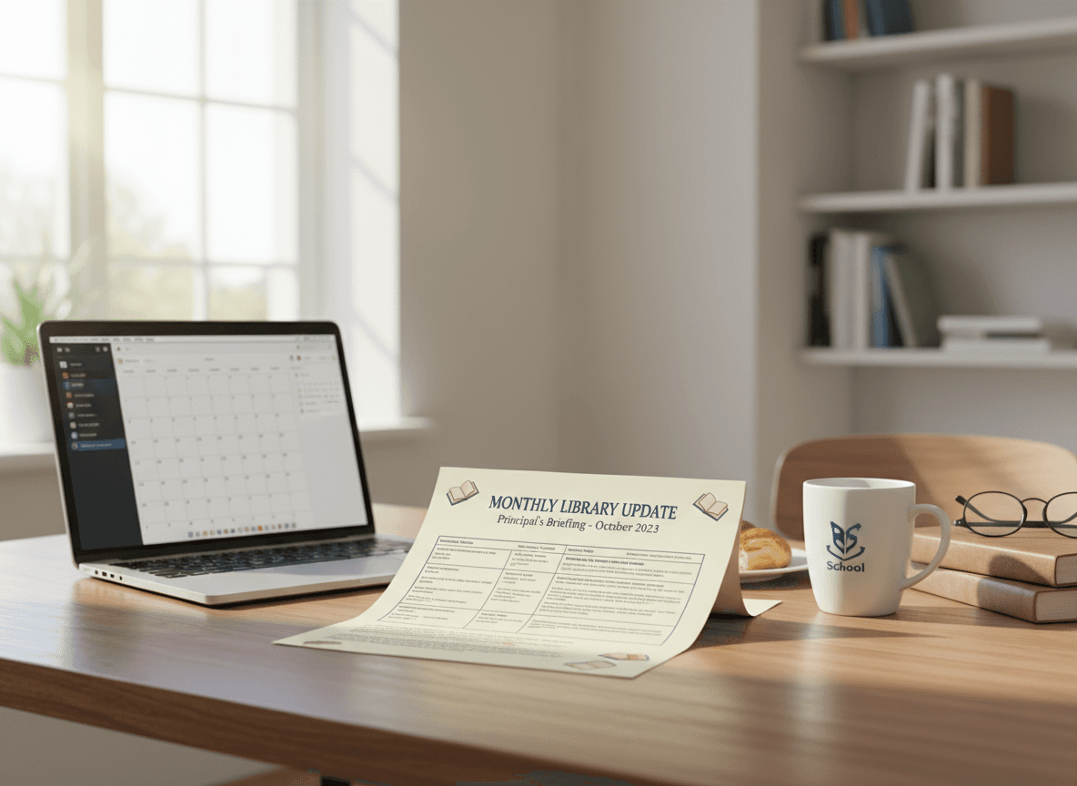 A printed monthly library update for the principal on a desk with a laptop and a coffee cup