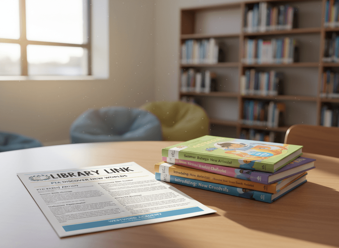 A printed library newsletter for PTA parents on a table with a stack of new picture books