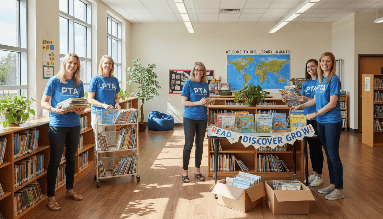 PTA volunteers and a librarian setting up book displays in the library together