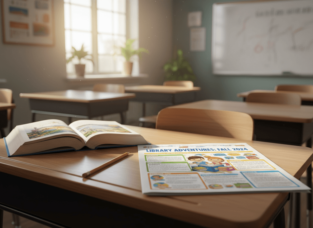 A printed student-facing library newsletter on a classroom desk next to a book and a pencil
