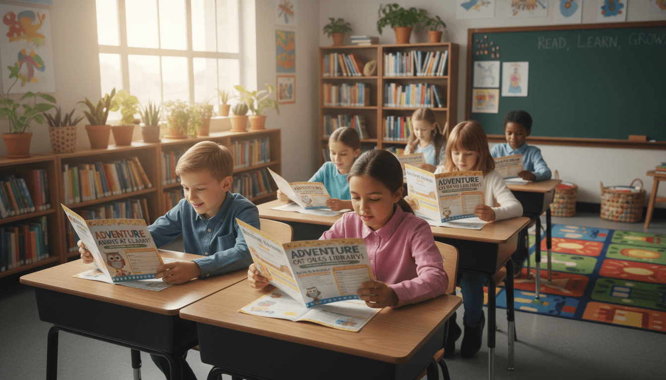 Students reading a colorful classroom library newsletter at their desks