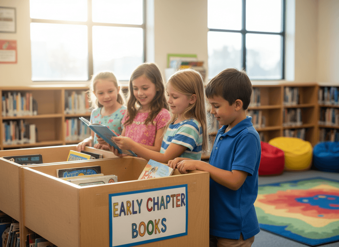 A school library bin labeled early chapter books with second graders picking titles