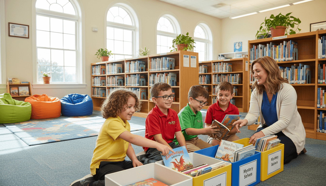 Second graders browsing early chapter book bins in the school library