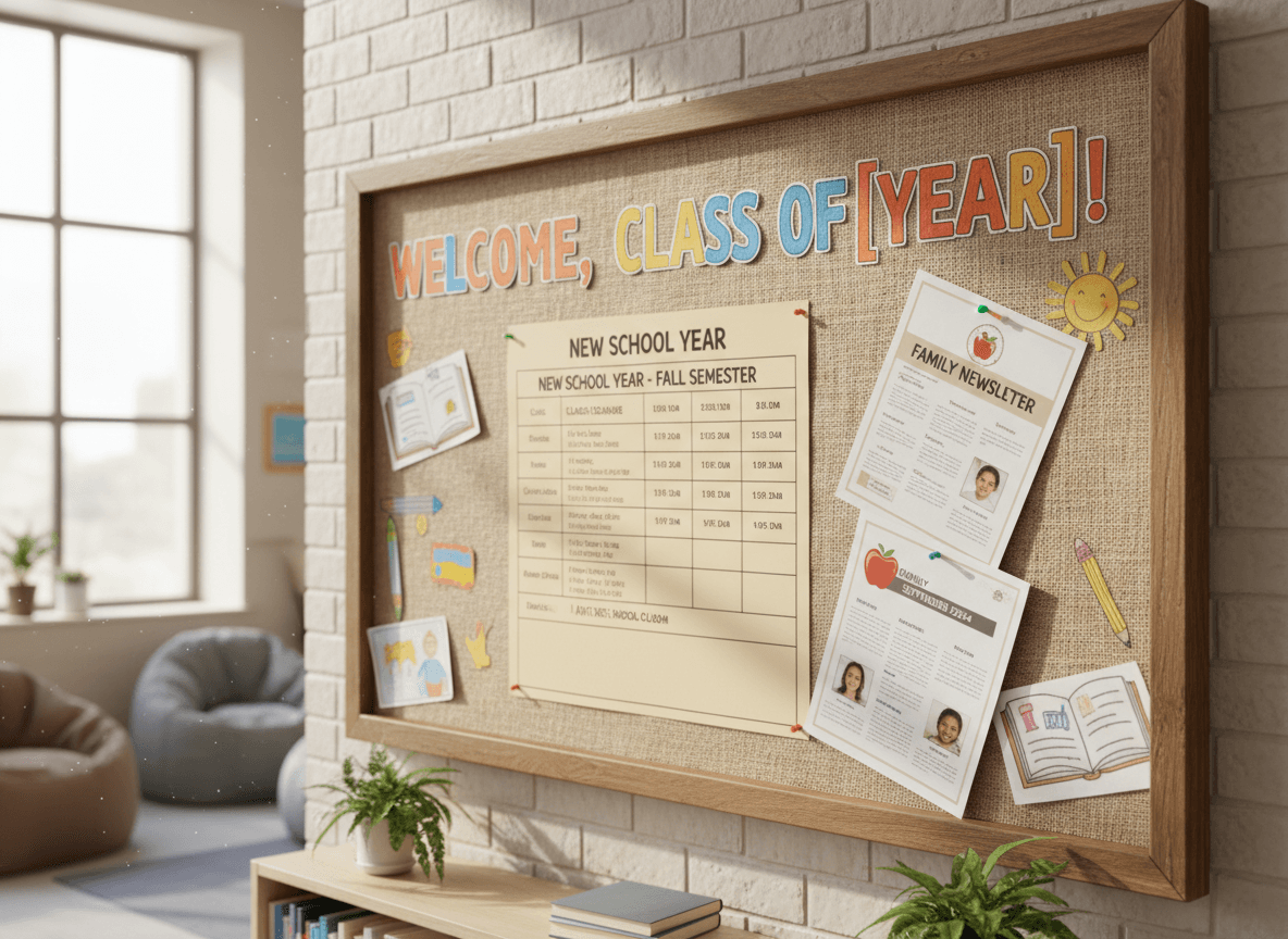 A welcome bulletin board in a school library with the new year schedule and a printed family newsletter