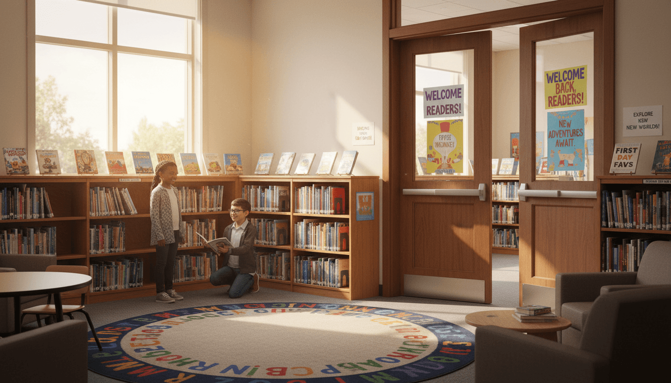 A school library on the first day of school with display books on the shelves and welcome posters on the door