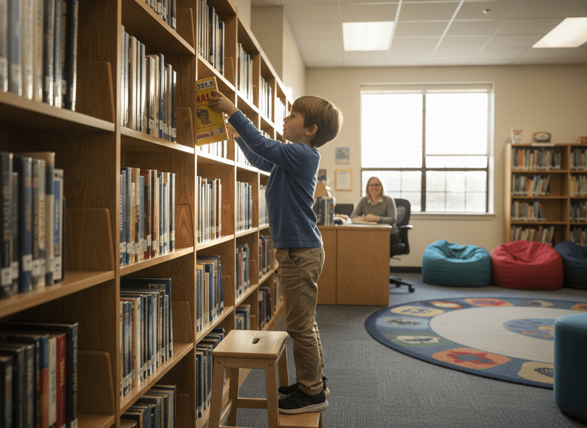 A third grade student pulling a nonfiction book off a Dewey-labeled shelf