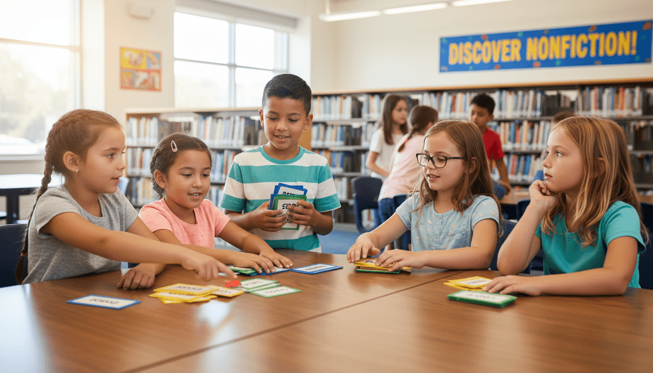 Third graders at library tables sorting nonfiction call number labels