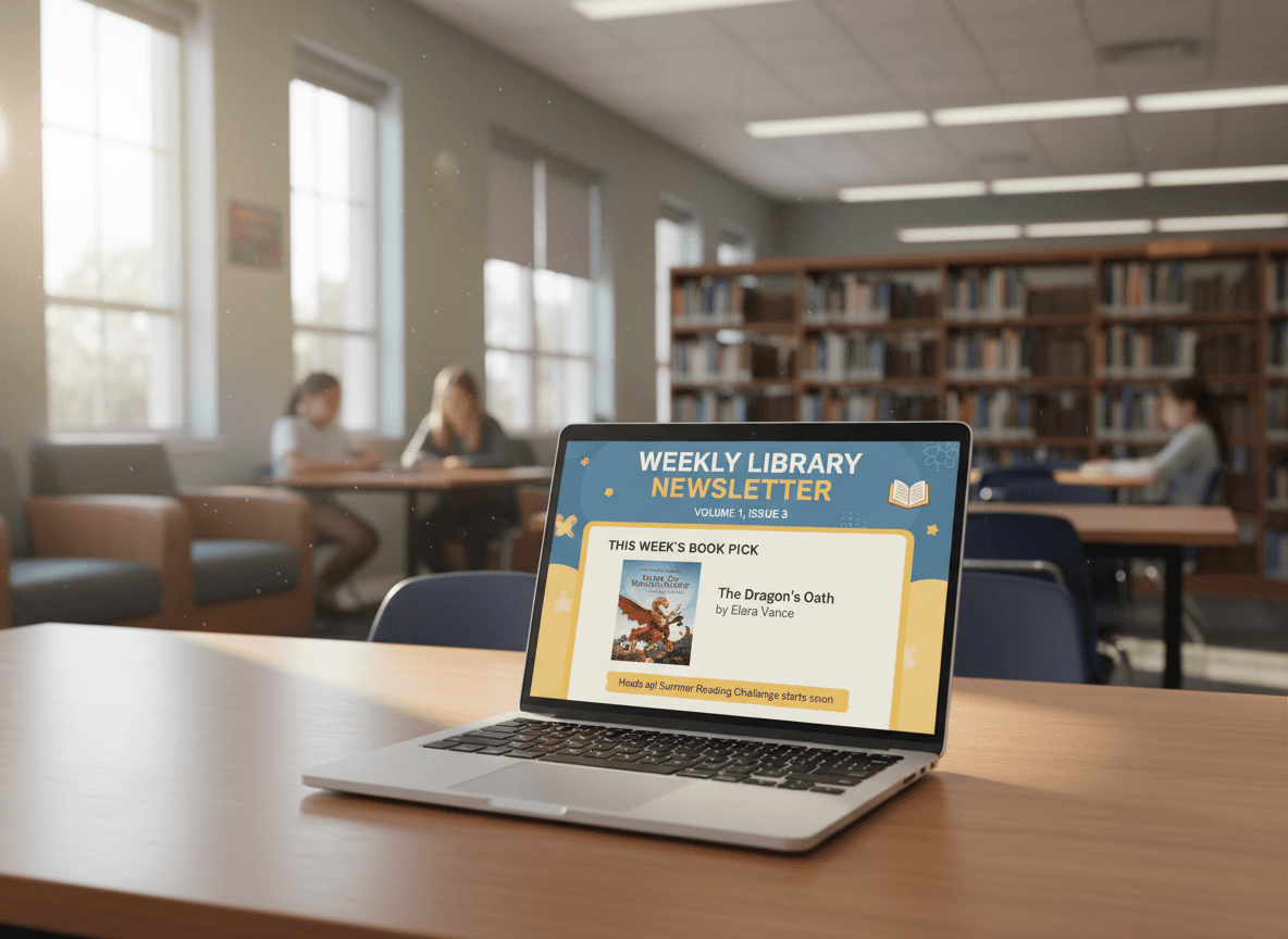A laptop showing a short weekly library newsletter with one book pick and a heads-up line