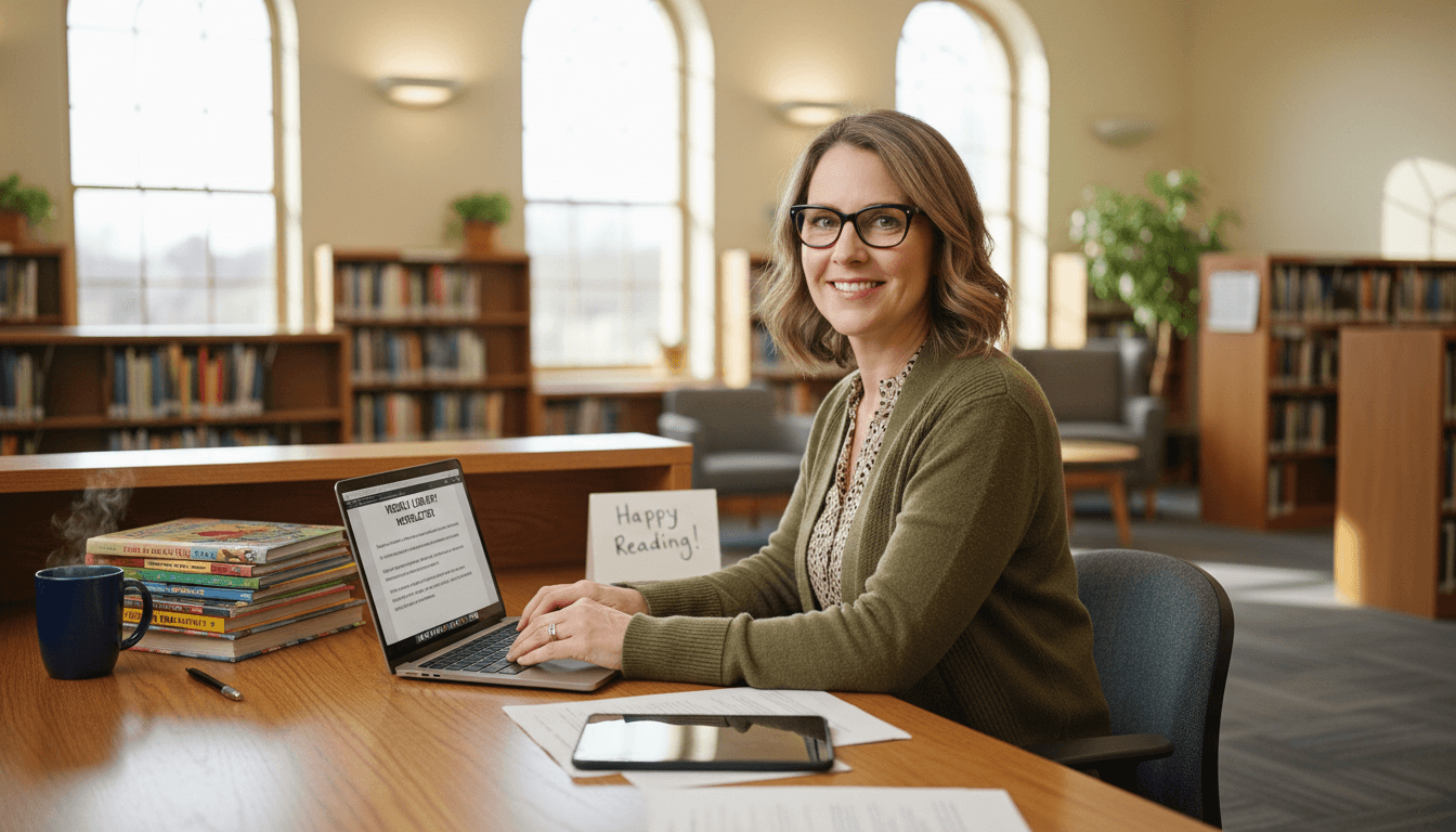 A school librarian writing a quick weekly library newsletter at the circulation desk after school