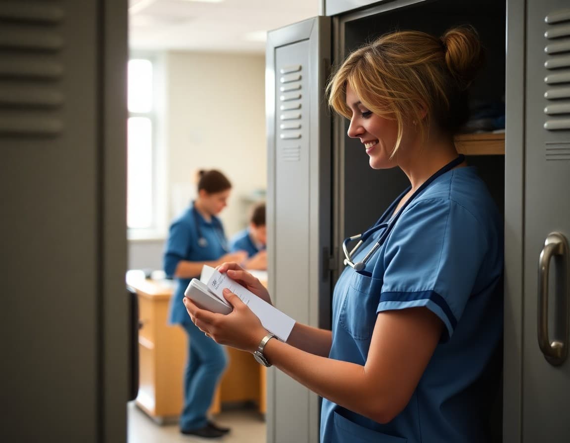 School nurse organizing and logging controlled ADHD medications in a locked cabinet at school