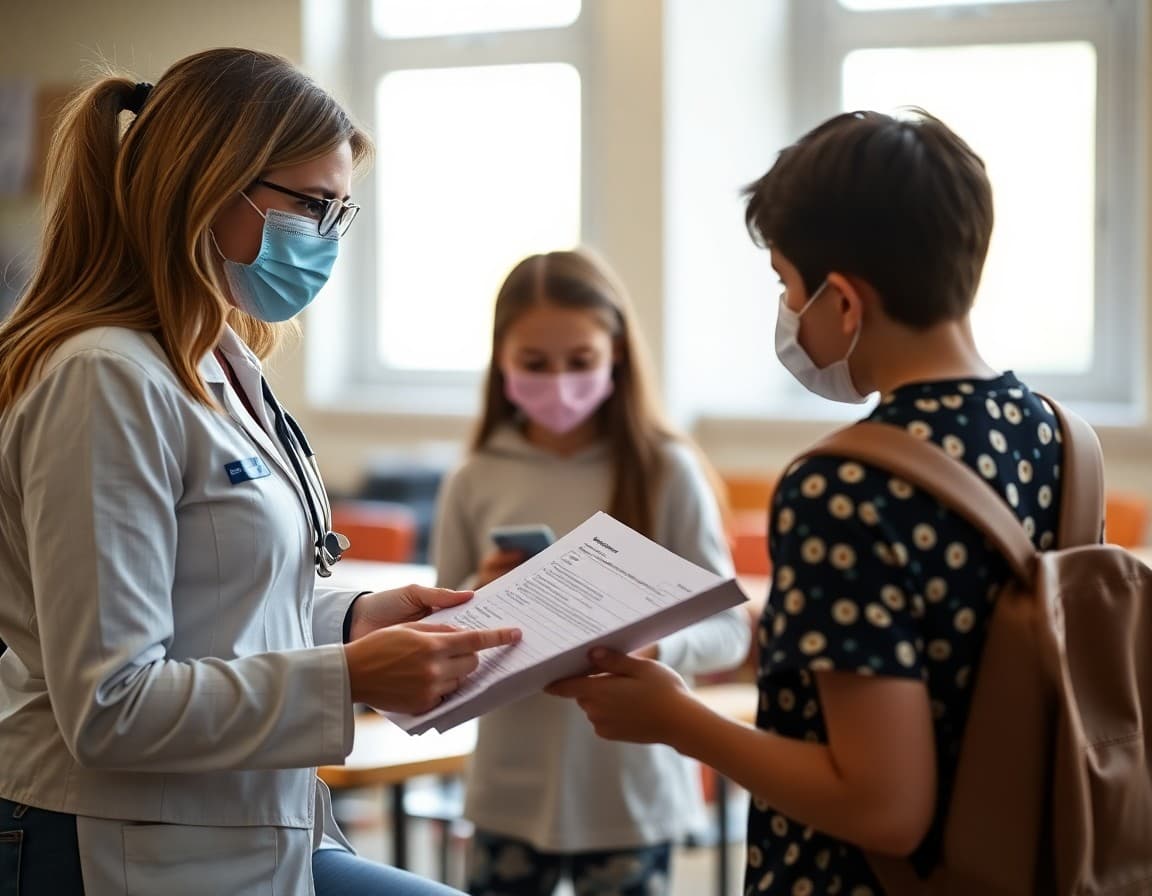 School nurse reviewing COVID testing consent forms with a family before the start of school year