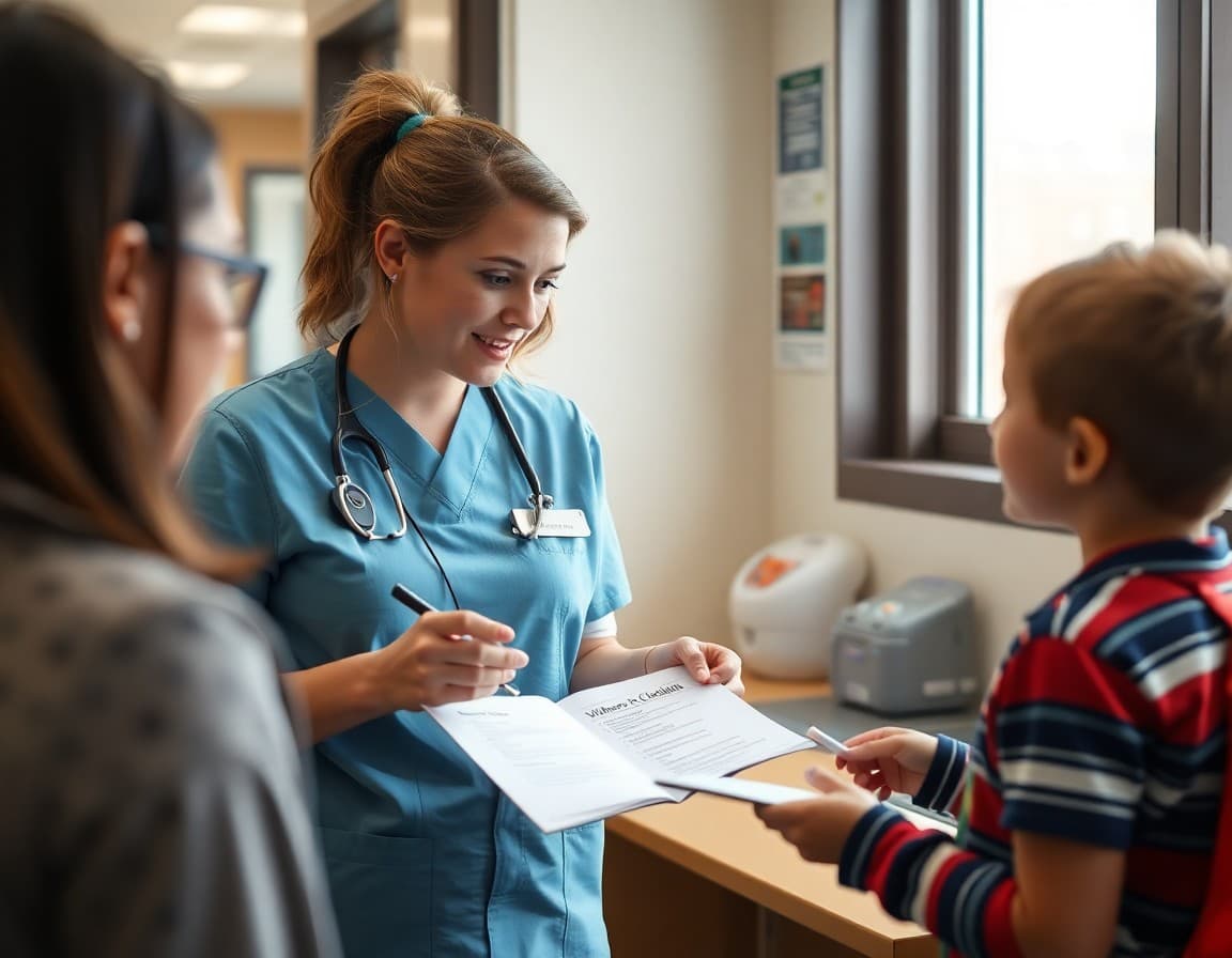 School nurse reviewing a fall wellness checklist with a student in the nurse office