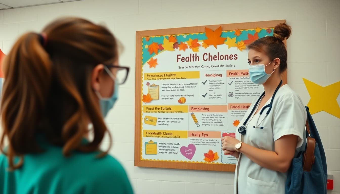 School nurse posting fall health tips on a colorful bulletin board for students and families