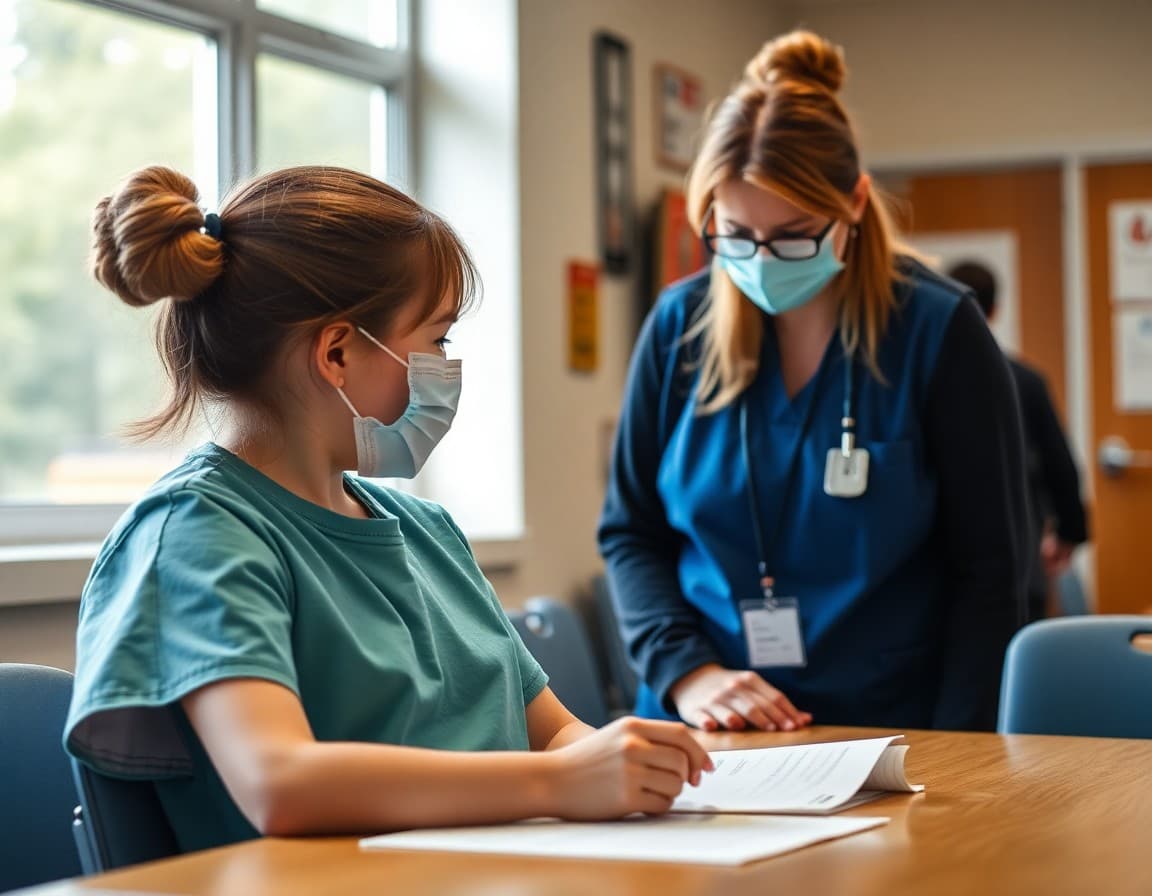 School nurse reviewing individualized health protocols for an immunocompromised student before the year starts