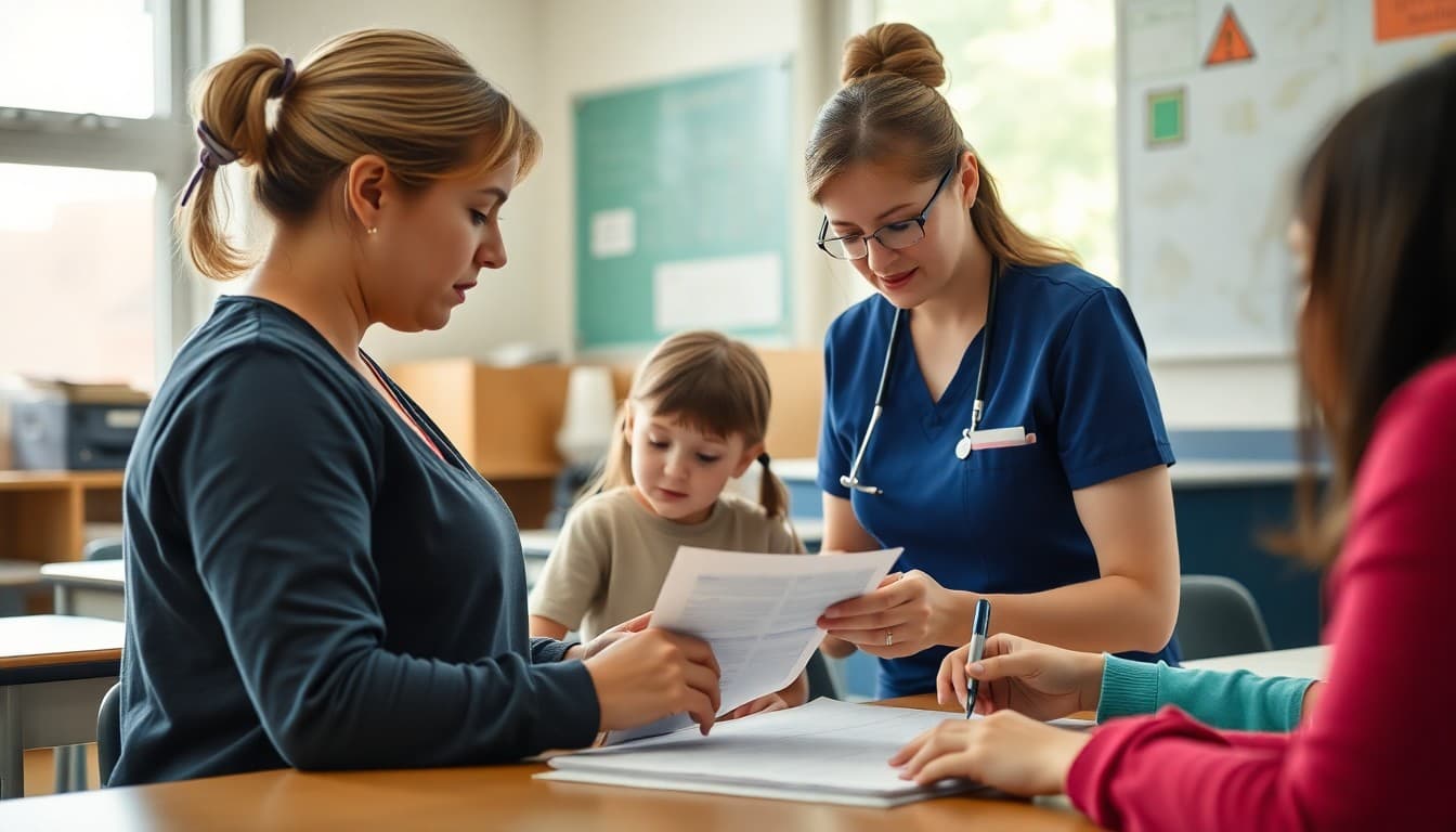 School nurse creating a special health management plan for an immunocompromised student with their family