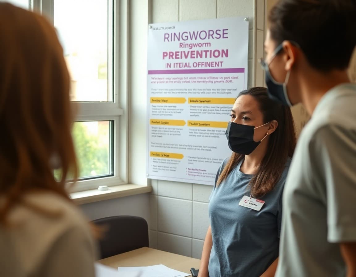 School nurse showing ringworm prevention and treatment information on a poster in the health office