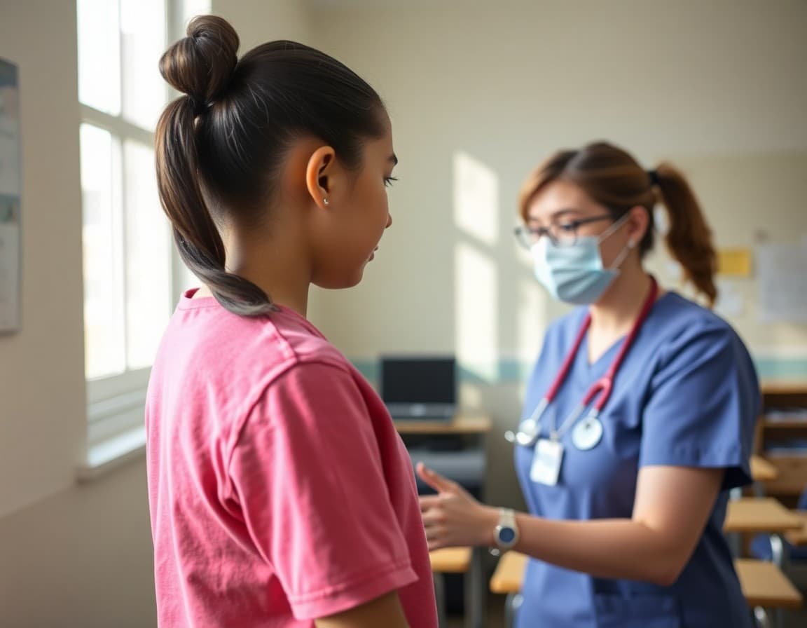School nurse conducting Adams forward bend scoliosis test with a middle school student