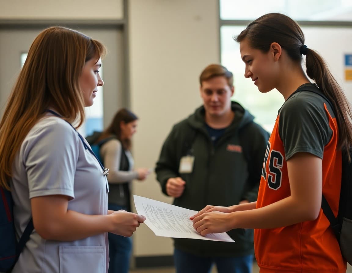 Student athlete submitting pre-participation physical form to the school nurse before sports season