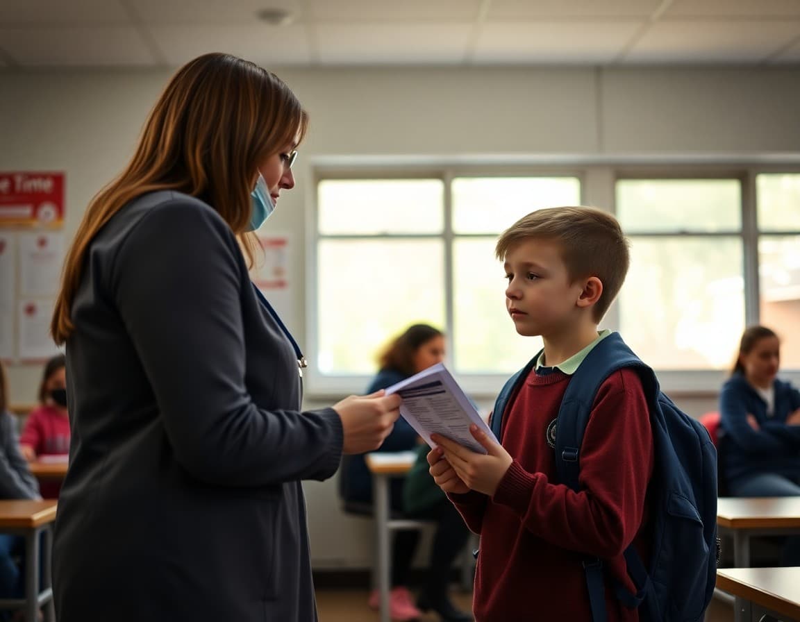 Student receiving allergy medication information from school nurse during spring health check