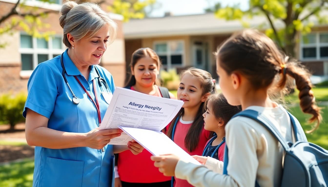 School nurse sharing spring allergy prevention newsletter with students outdoors on a sunny day