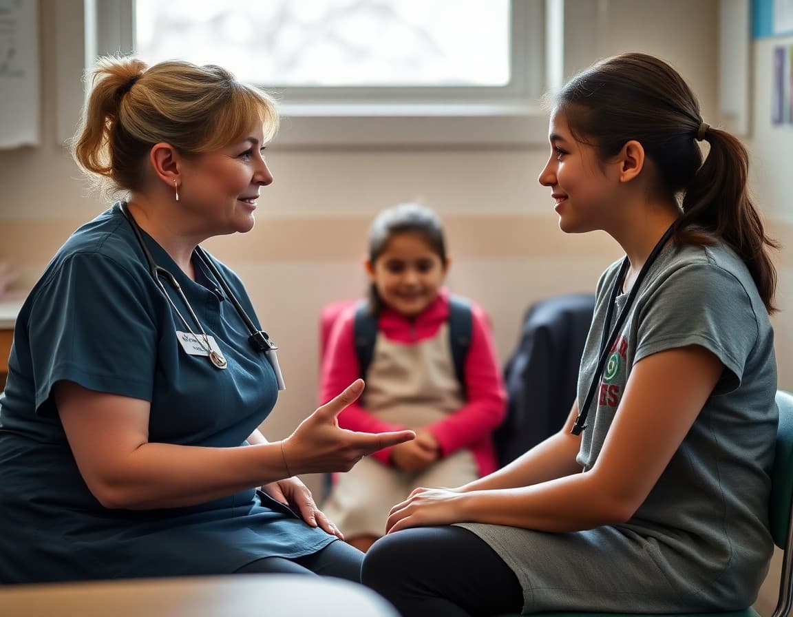 School nurse talking with a student about emotional wellness during a routine health office visit