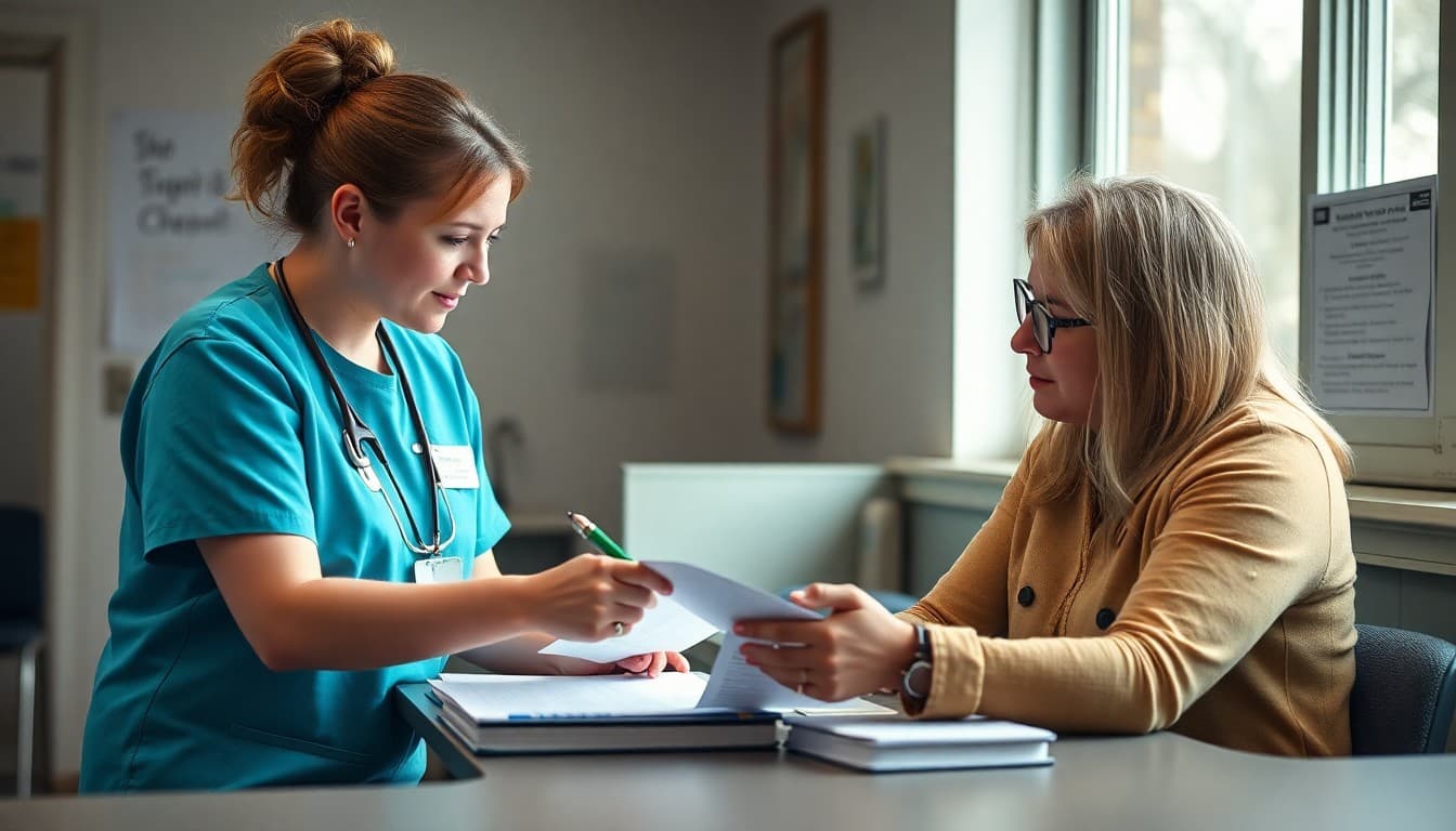 School nurse and counselor working together on a student mental health care plan in the health office