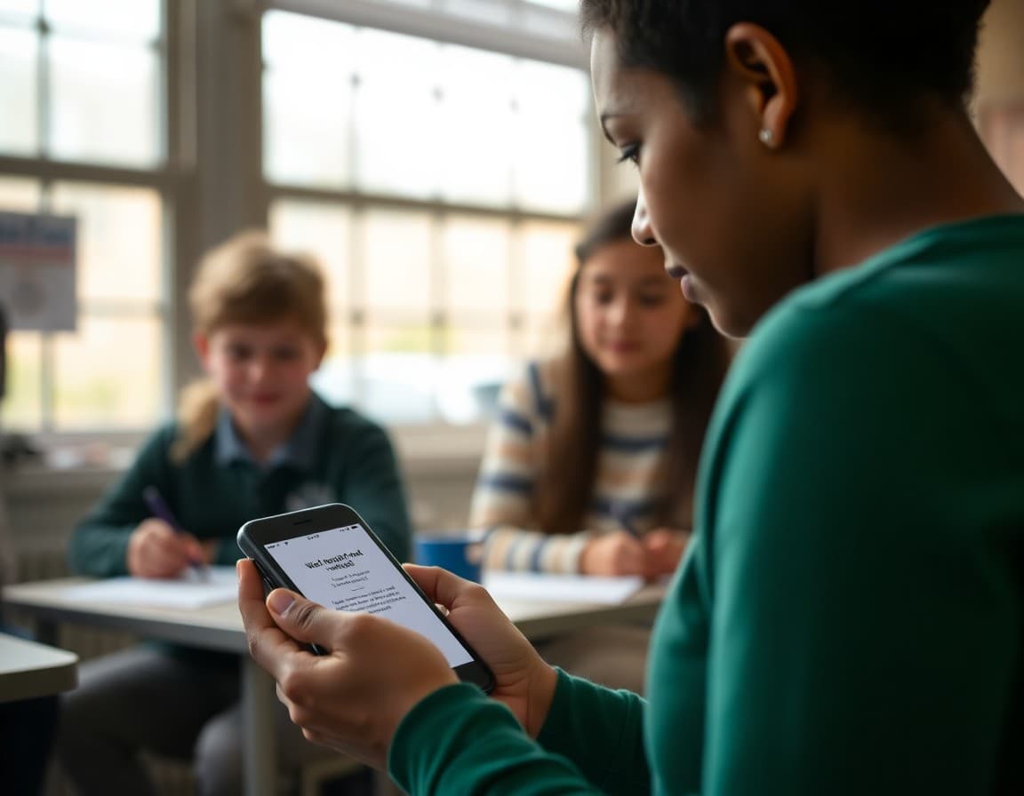 Parent scheduling a well-child appointment on a phone prompted by a school nurse reminder newsletter