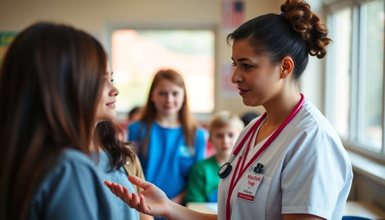 School nurse encouraging families to schedule their child's annual well-child checkup at school year start