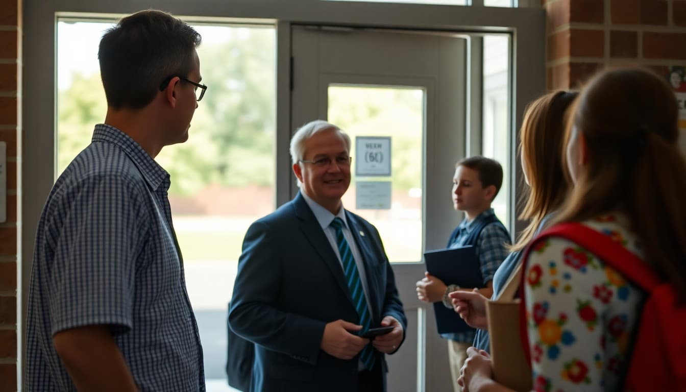Principal reviewing safety procedures at a school entrance in August