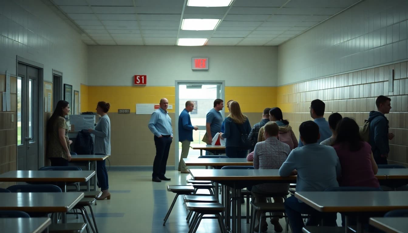 School cafeteria with staff gathered near an entrance following an incident