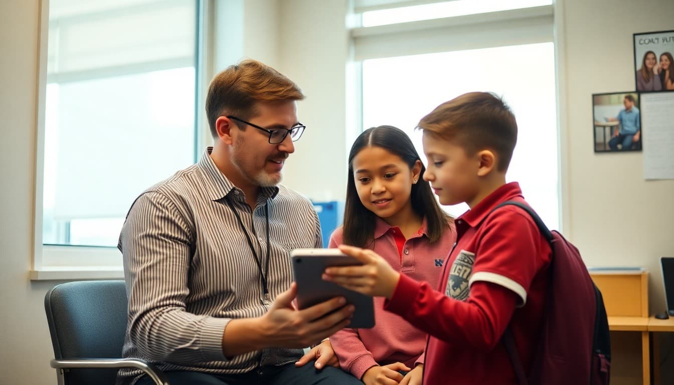School counselor and student reviewing a screen together in a private office setting
