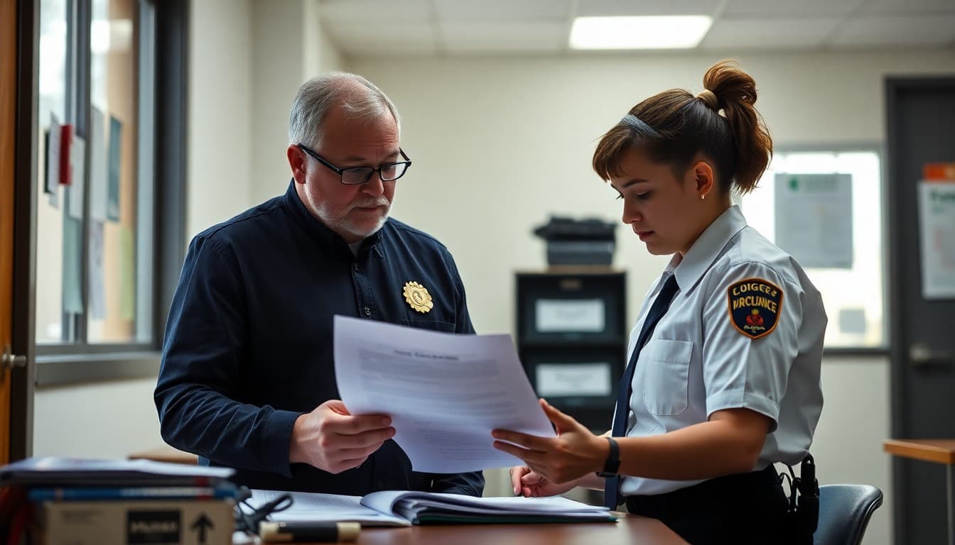 School administrator and school resource officer reviewing a drug incident report in the office