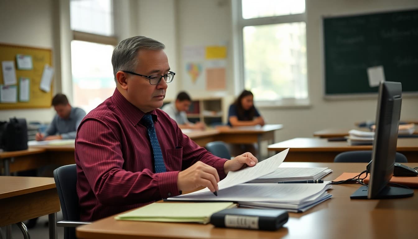 School administrator reviewing incident documentation at a desk after a school safety event