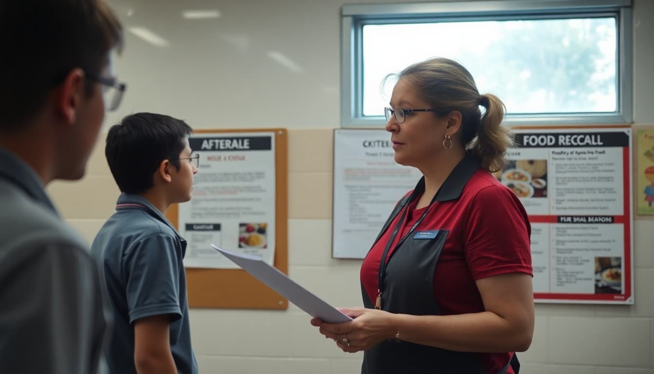 School cafeteria manager reviewing a food recall notice posted on a kitchen bulletin board