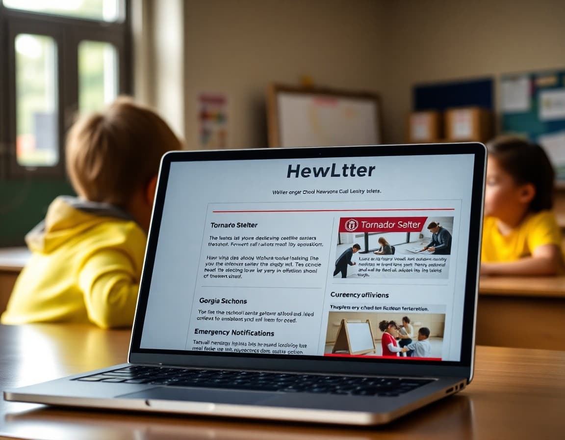 School safety newsletter template showing Georgia tornado shelter and emergency notification sections on a laptop
